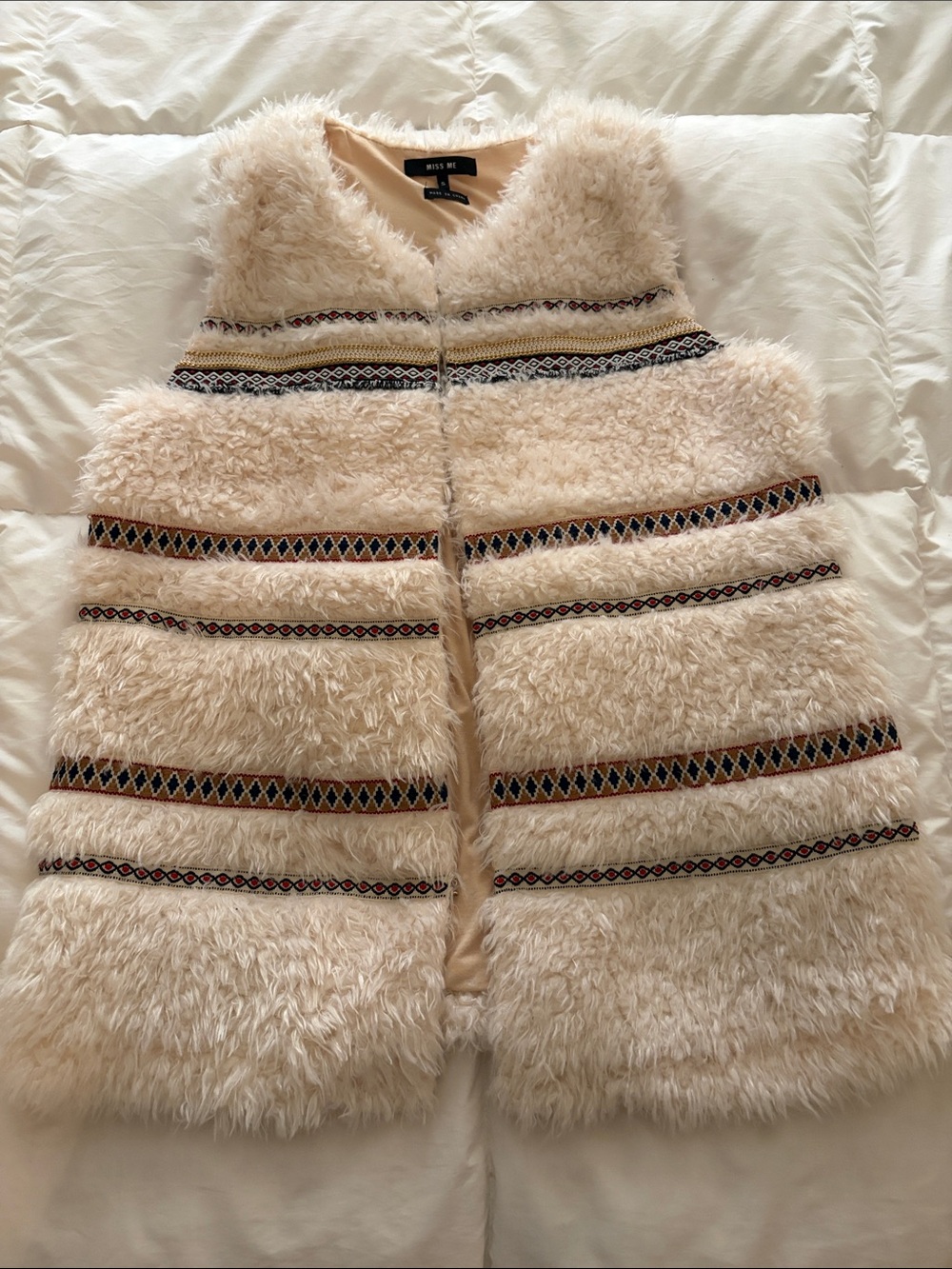Miss Me Cream Faux Fur Vest with Patterned Stripes